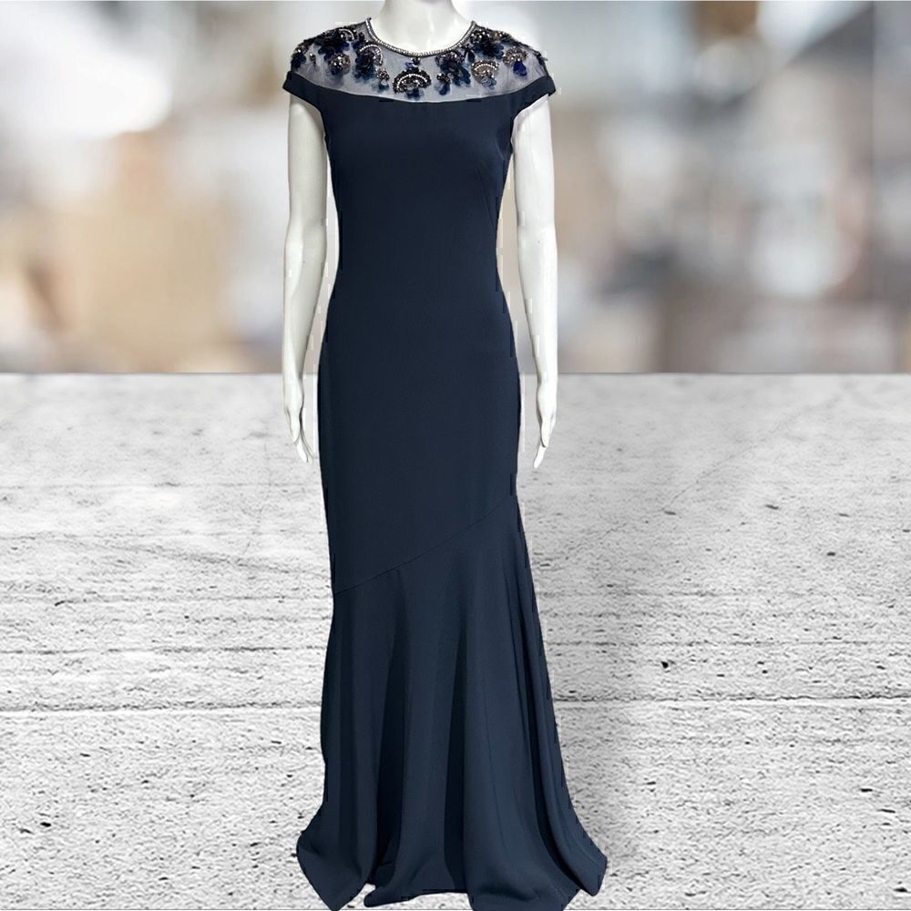 ‎THEIA  Cap Sleeve Mermaid Style Blue Gown